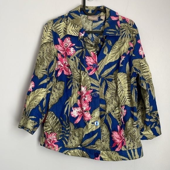 Chico’s Tropical Floral Linen Button Front Shacket Shirt Jacket size 0 (S/4) - Picture 1 of 16